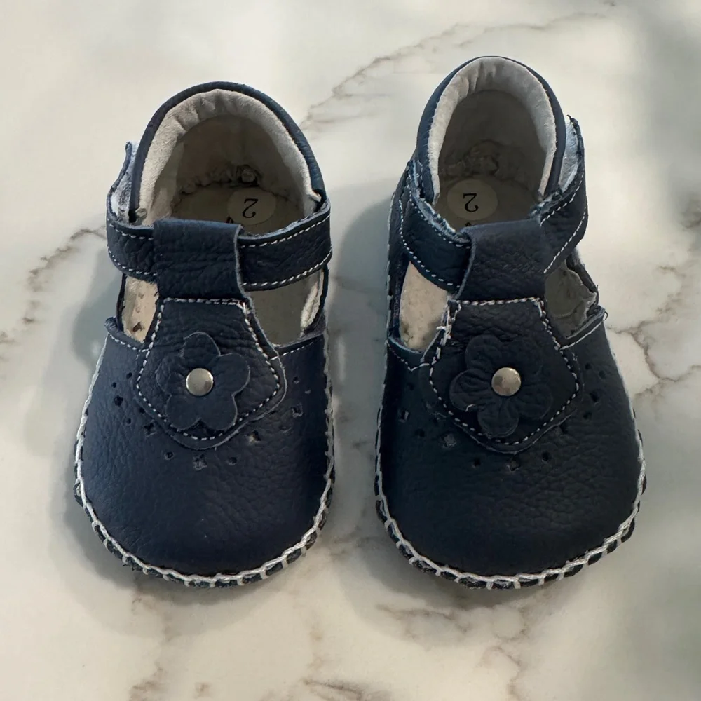 Navy Blue Baby Walker Shoes with Floral Detail